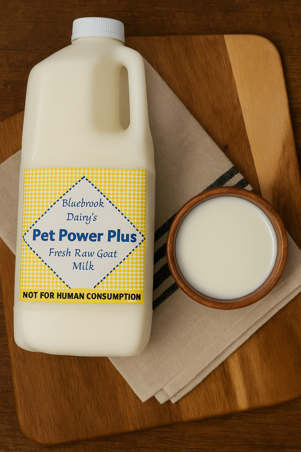 Raw goat milk bottle and serving bowl